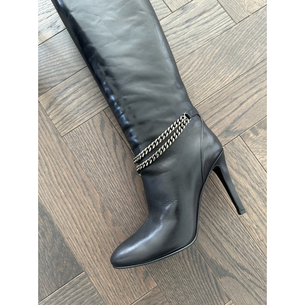 Women's Saint Laurent Black Leather Boots Size 37.5 - Picture 2 of 14